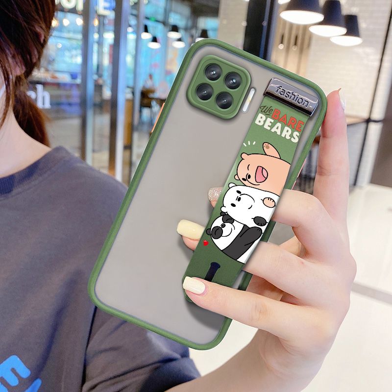 UCUC for OPPO Reno 4F Wrist Strap Case Cute Cartoon Three Little Bears Wristband Printing Cover Shockproof Frosted Phone Case