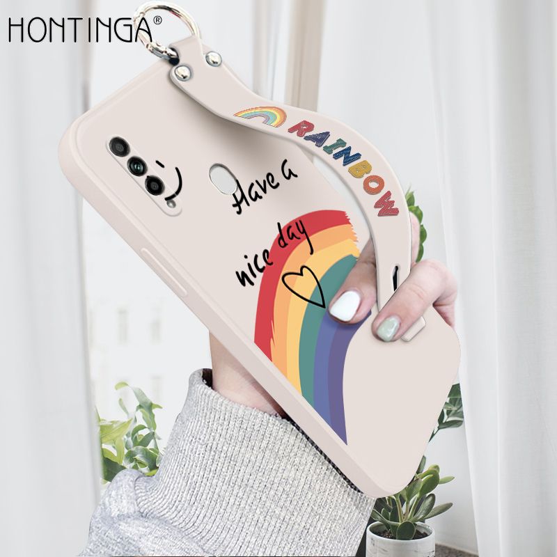 Hontinga for OPPO A31 2020 Wrist Strap Case Lovely Graffiti Rainbow Smile Thin Phone Cover Square Edge Liquid Silicone Creativity Phone Case