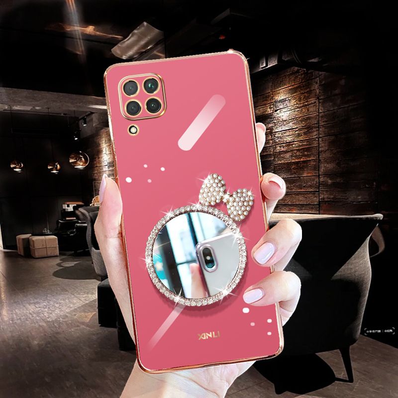 For Samsung Galaxy F22 Back Cover + Bowknot Makeup Mirror Fashion Shiny Plating Square Bumper Bling Girls Phone Case Soft TPU Silicone Shockproof Back Cover