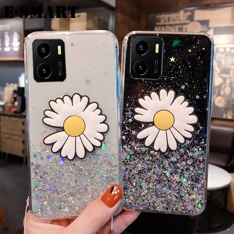 Phone Case VIVO Y15S Transparent Bling Glitter Cases Soft Clear Shining Sequin Back Cover with Daisy Flowers Folding VIVO Y15S Case