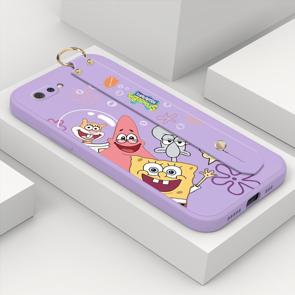 ZeroQiQi for Realme C2 Wrist Strap Case Cute Cute Funny Cartoon Sponge for Square Pants Cover Square Edge Liquid Silicone Anti-drop Phone Case