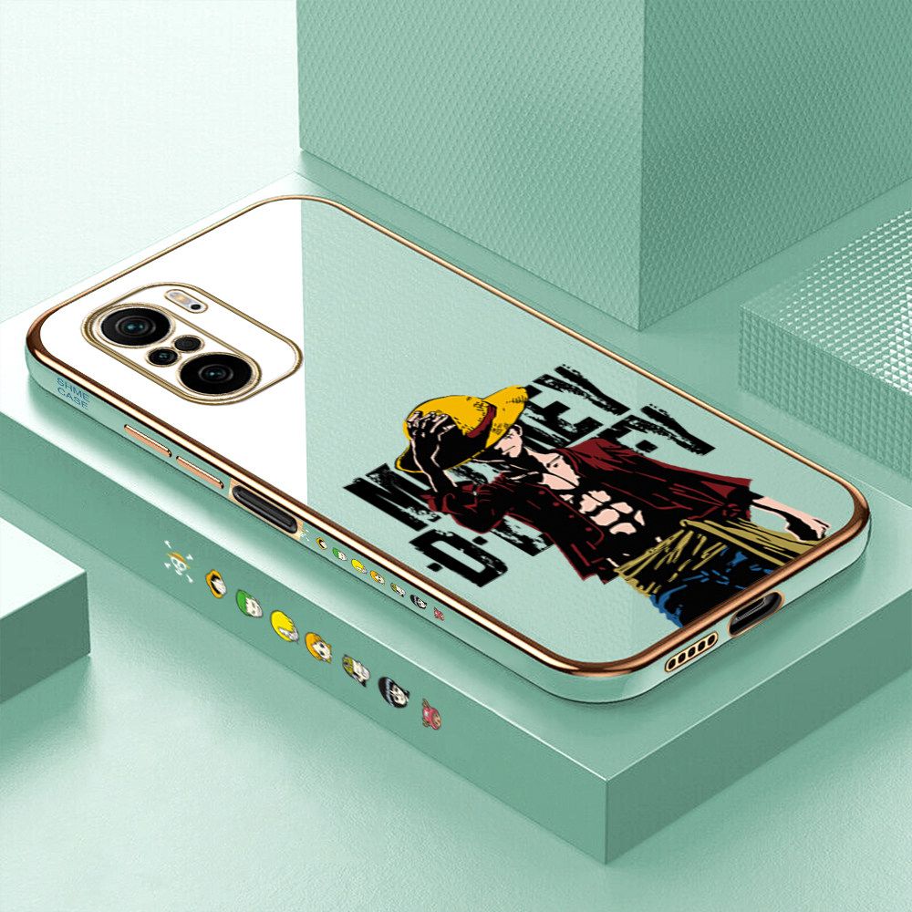 Luxury 6D Plating Case for Xiaomi Poco F3 Anime Cartoon Cool Luffy Side Pattern Back Cover Soft Silicone Square Frame Shiny Bling Phone Cases + Free Lanyard