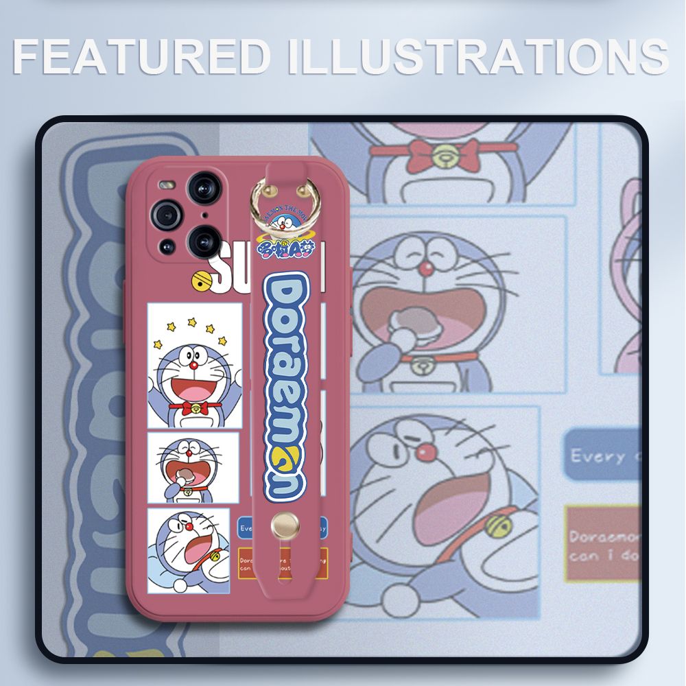 UCUC for OPPO Find X3 Pro Wrist Strap Case Creative Cartoon Doraemon's Daily Life Cover Ultra Thin Anti Fall Liquid Silicone Phone Case