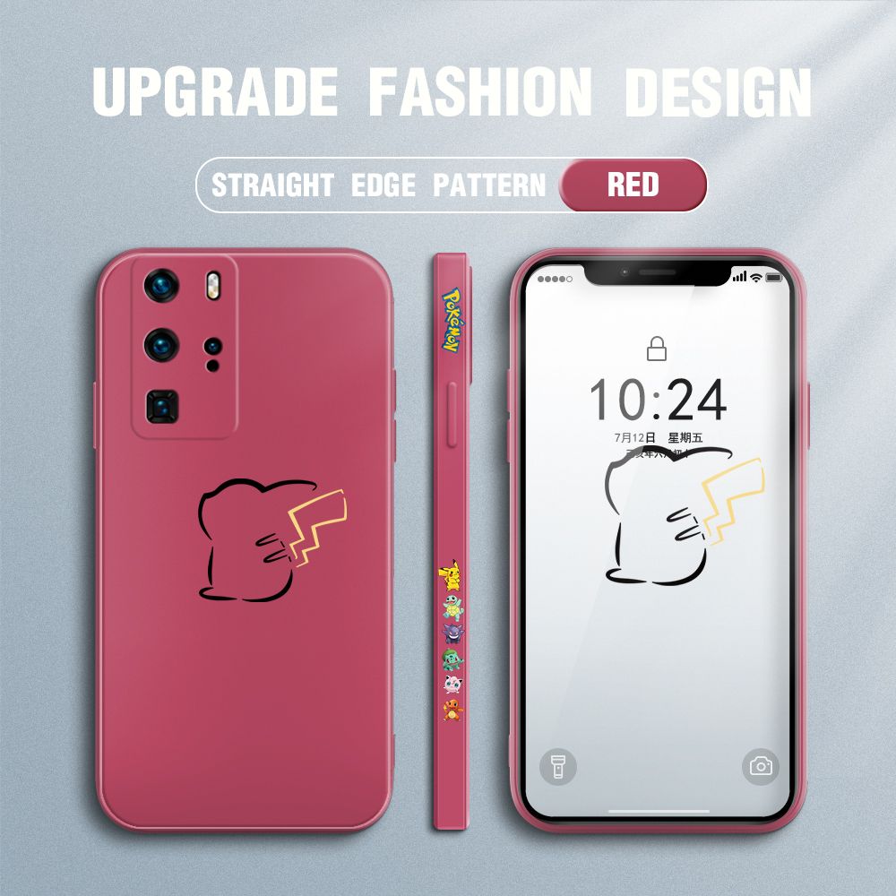 Jizetin for Huawei P40 Pro Case New Pikachu Pokémon Design Side Design Phone Case Square Edge Pattern Liquid Silicone Cases Full Cover Camera Soft Protection Case