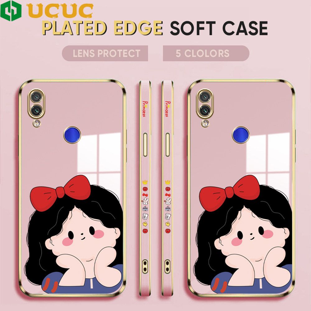 UCUC for Redmi Note 7 Note 7 Pro Back Cover + Free Lanyard Cute Gir Luxury 6D Plating Case Side Pattern Soft Silicone Square Phone Cases
