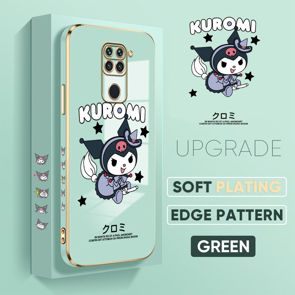 Jizetin (Free Lanyard) Redmi Note 9 Back Cover Kuromi Luxury 6D Plating Case Side Pattern Soft Silicone Square Phone Cases