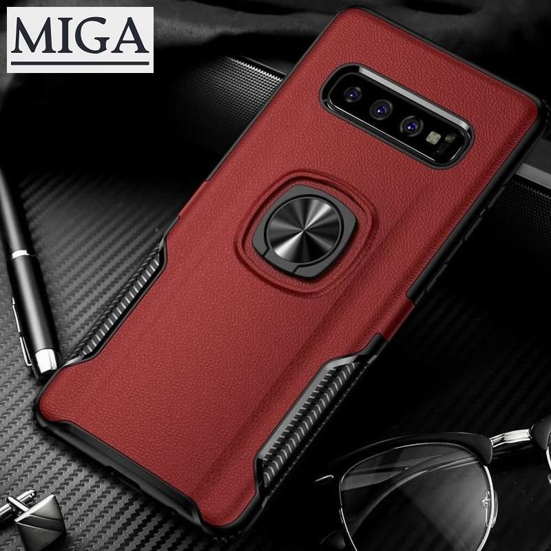 for Samsung S8 S9 S10 Plus S10E Note8 9 10 Note10 Plus Leather Metal Ring Case Car Magnetic Stand Holder Shockproof Silicon Back Cover