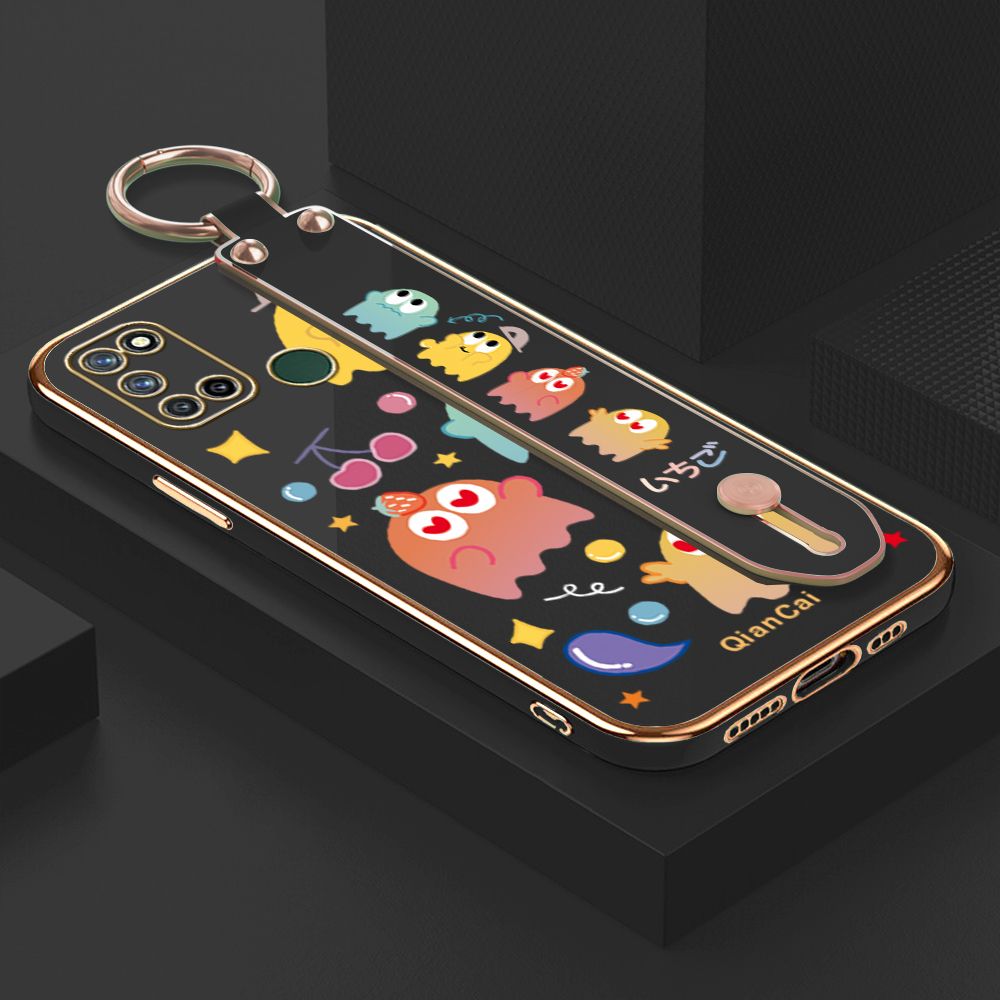 Jizetin for Realme 7i / Realme C17 Back Cover Bean Monster Luxury 6D Plating Wrist Strap Phone Cases Soft Silicone Square Mobile Phone Case