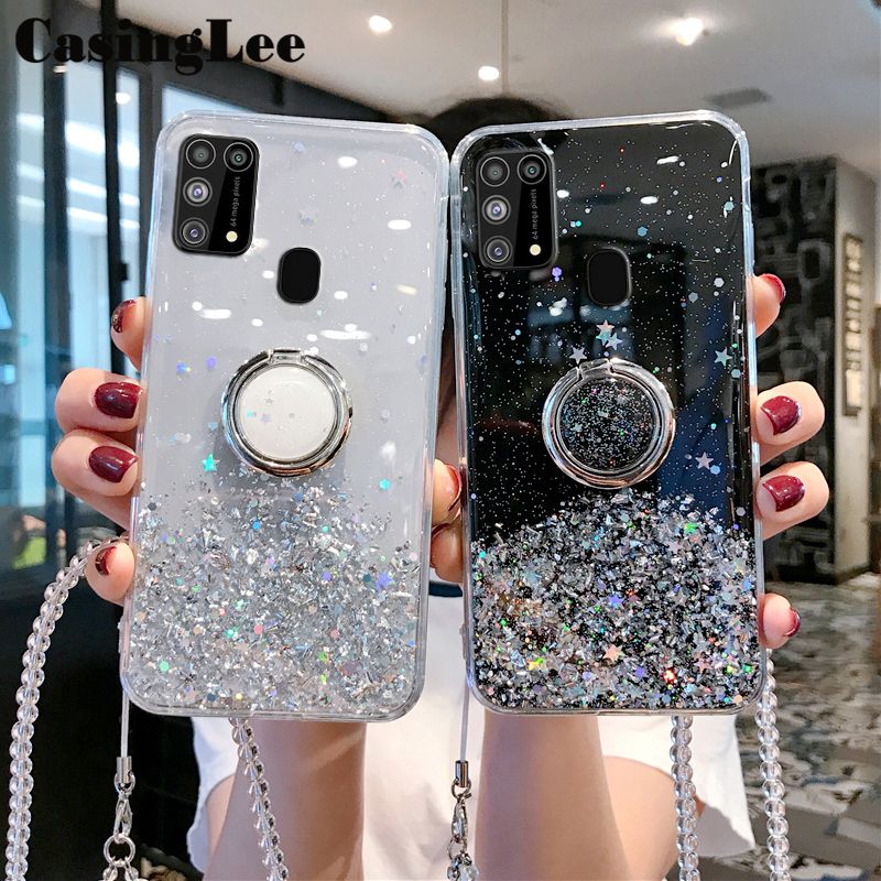 Casinglee for Galaxy M31 case Shiny Ring Glitter Soft Transparent Holder Stand Back cover with String for Samsung M31 Phone cases cover Stars Moon Girls