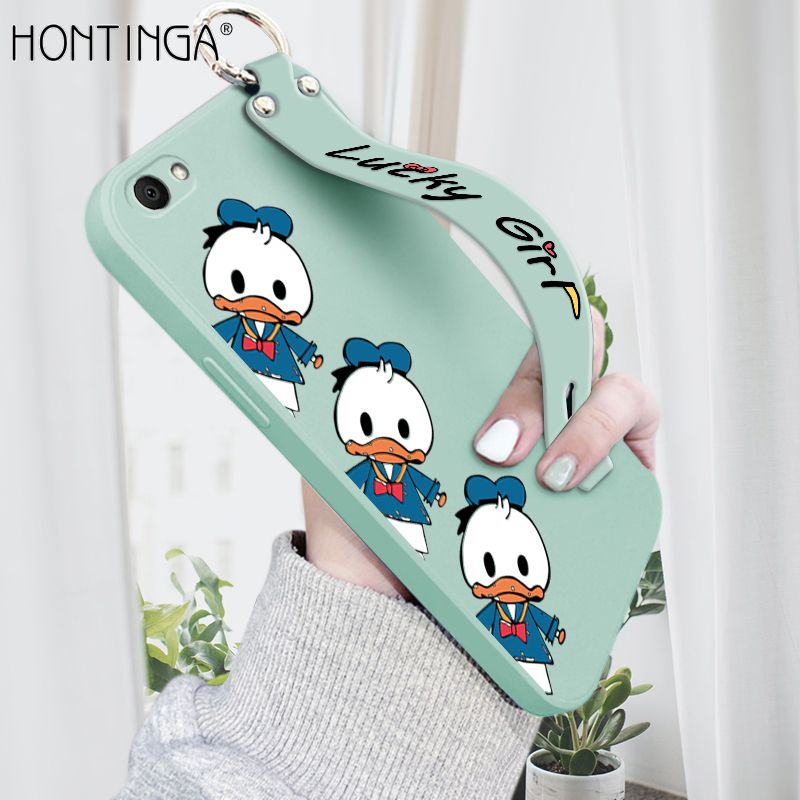 Hontinga for V5 / V5S / V5 Lite Wrist Strap Case Cute Cartoon Little Duck Phone Case Square Edge Liquid Silicone Case Full Cover Camera Shockproof Protective Cases