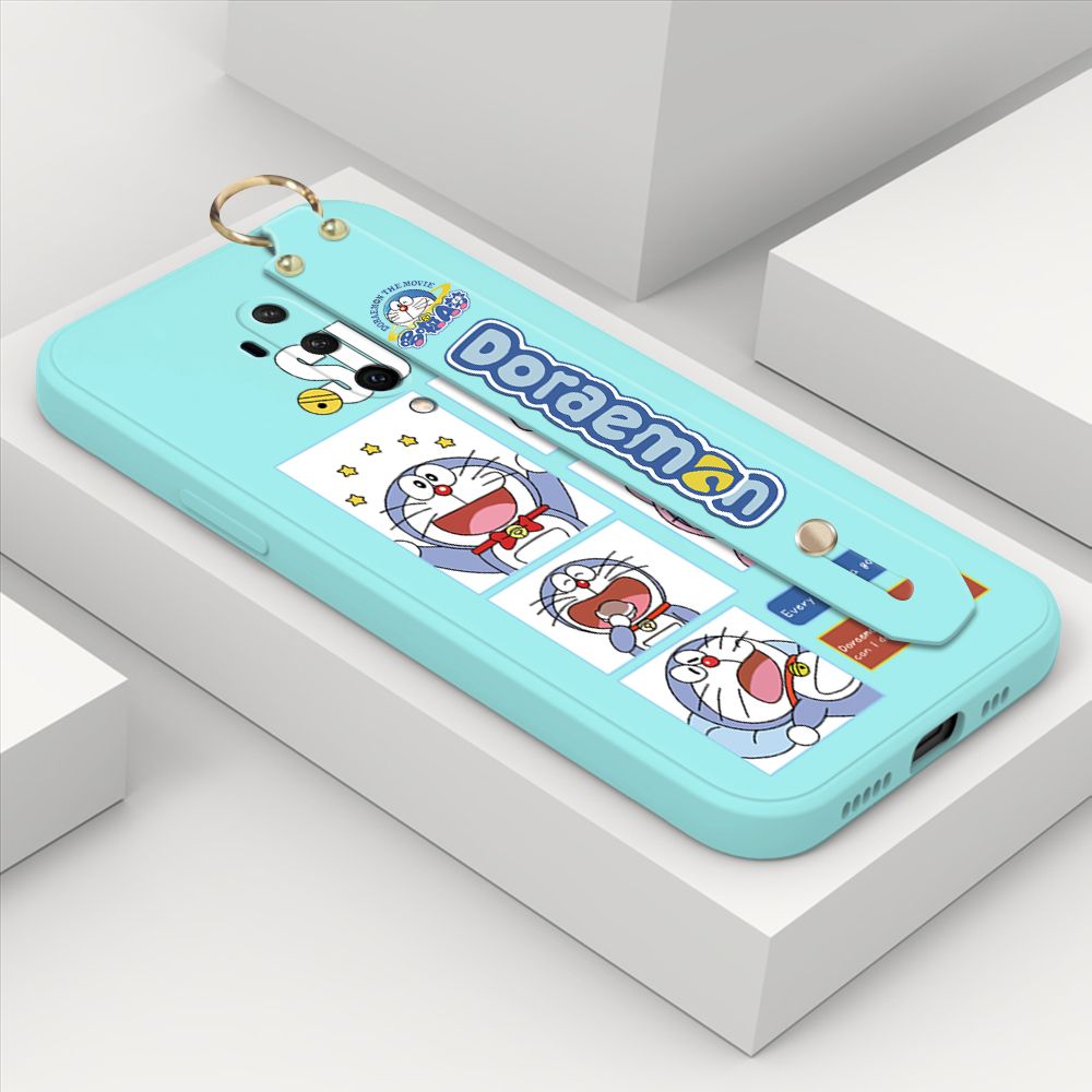 Hontinga for OnePlus 7T Pro Wrist Strap Case Cute Cute Cartoon Blue Cat Daily Life Cover Square Edge Liquid Silicone Creative Phone Protective Cases