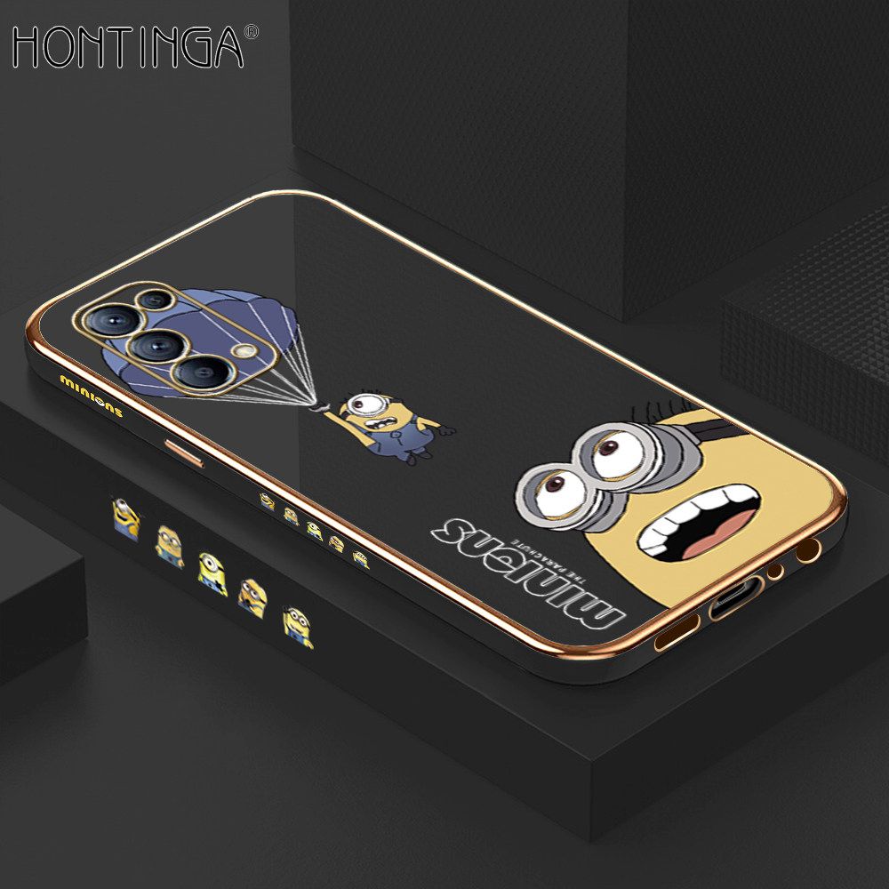 Hontinga for OPPO Reno5 5G/4G Back Cover + Free Lanyard Luxury 6D Plating Yellow Cartoon Character Pattern Case Soft Silicone Square Phone Cases