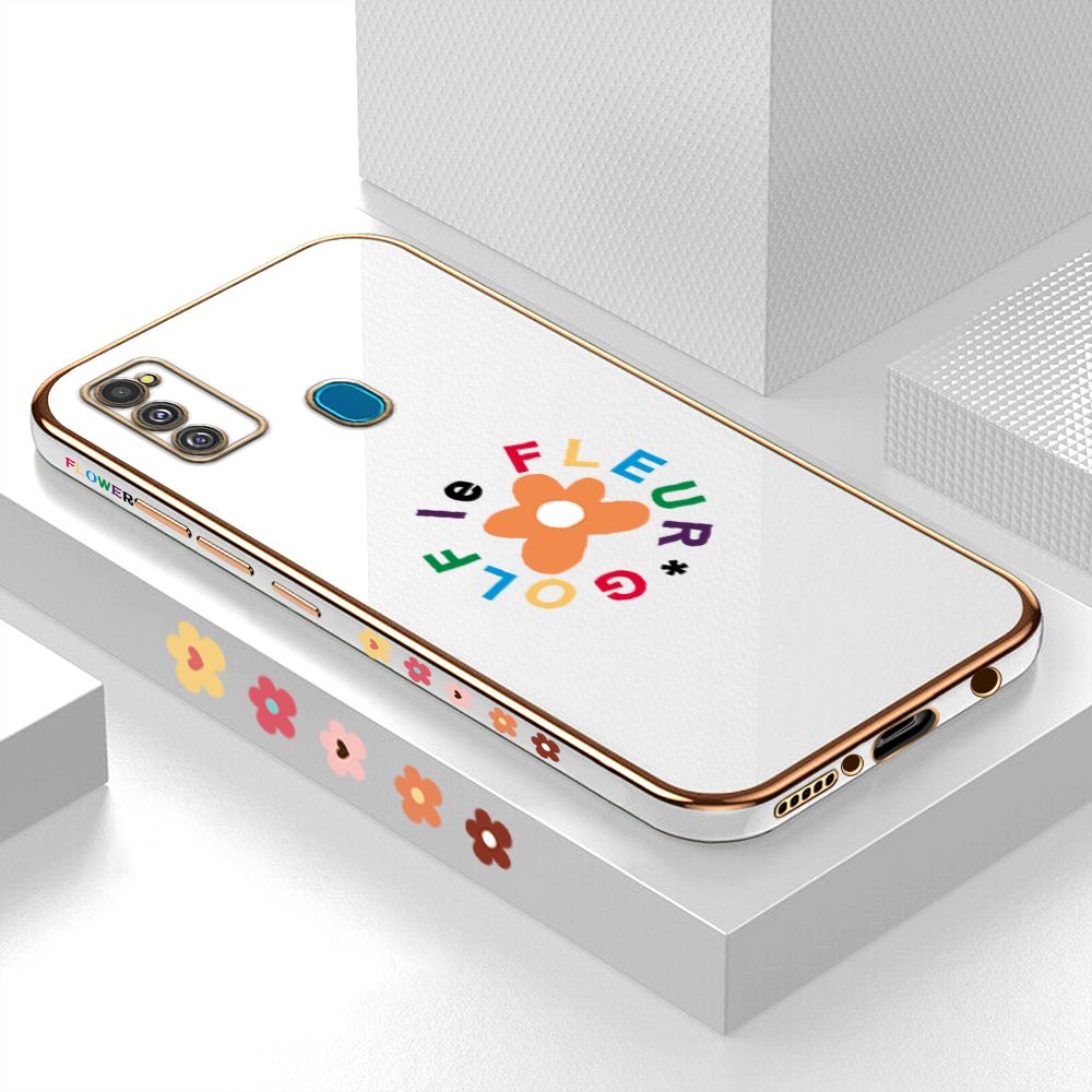 Luxury 6D Plating Case for Samsung M21 M30S Cartoon Flower Side Pattern Back Cover Soft Silicone Square Phone Cases + Free Lanyard