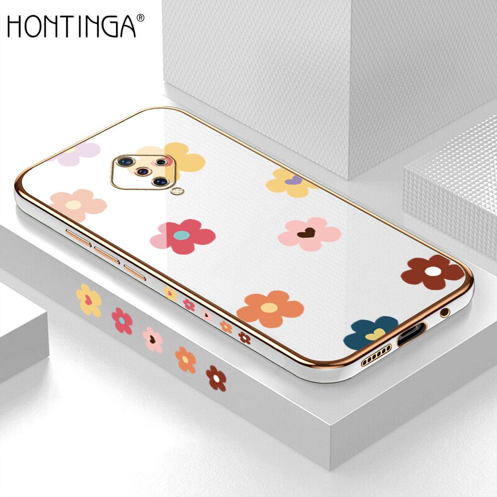 Hontinga for Vivo S1 Pro Back Cover + Free Lanyard Luxury 6D Plating Falling Flower Side Pattern Case Soft Silicone Square Mobile Cover