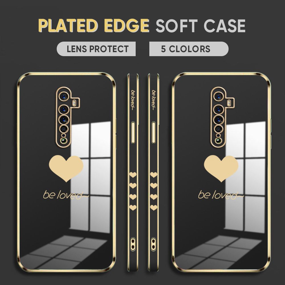 Luxury 6D Plating Case for OPPO Reno 2 Phone Cases Lover Heart Side Print Soft Silicone Square Back Cover