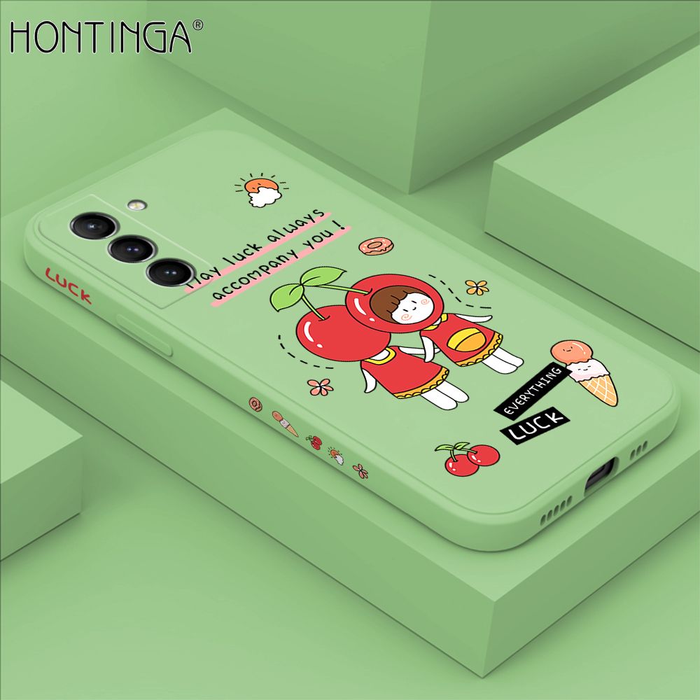 Hontinga for Samsung S21 5G Case Side Design Cute Cherry Girl Back Cover Soft Square Edge Pattern Liquid Silicone Trend Phone Cases