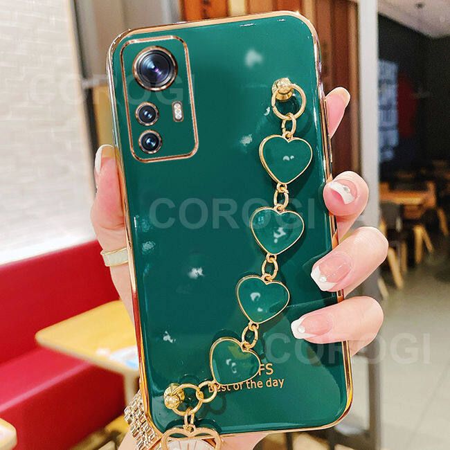 For Xiaomi 12 Pro Back Cover with Love Heart Chain Wrist Strap Fashion Bracelet Shiny Plating Bumper Protective Case Silicone Shockproof Mobile Phone Cases