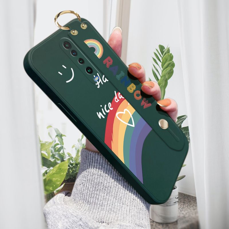 Jizetin for Xiaomi Poco X2 / Redmi K30 Wrist Strap Case INS Style Smile Rainbow Cover Ultra Thin Anti Fall Liquid Silicone Phone Case