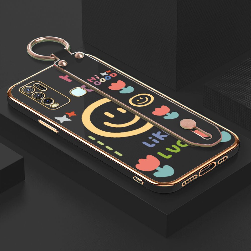 ZeroQiQi for Vivo Y30 / Y30i / Y50 Wrist Strap Back Cover Flower Smiley Fashion Luxury 6D Plating Soft Casing Silicone Square Frame Phone Case