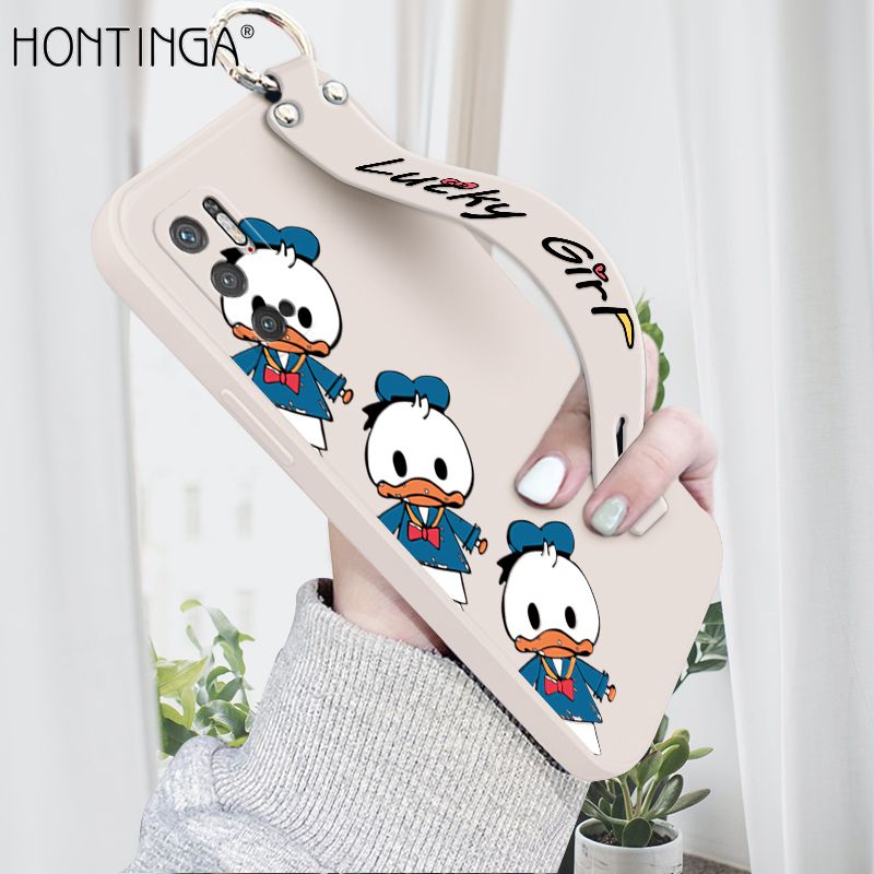 Hontinga for Xiaomi Redmi Note 10 5G Wrist Strap Case Cute Cartoon Little Duck Phone Case Square Edge Liquid Silicone Case Full Cover Camera Shockproof Protective Cases
