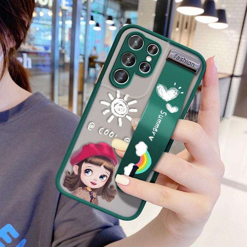 UCUC for Samsung Galaxy S21 Ultra 5G Wrist Strap Case Lovely Cartoon Red Hat Girl Wristband Printing Cover Shockproof Frosted Phone Case