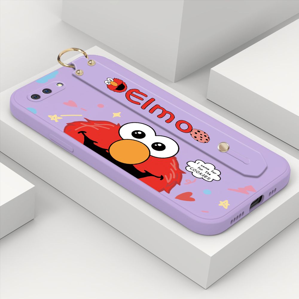 ZeroQiQi for OPPO A3S Wrist Strap Case Cute Cute Cartoon Little Monster Phone Cover Square Edge Liquid Silicone Case Full Cover Camera Shockproof Protective Cases