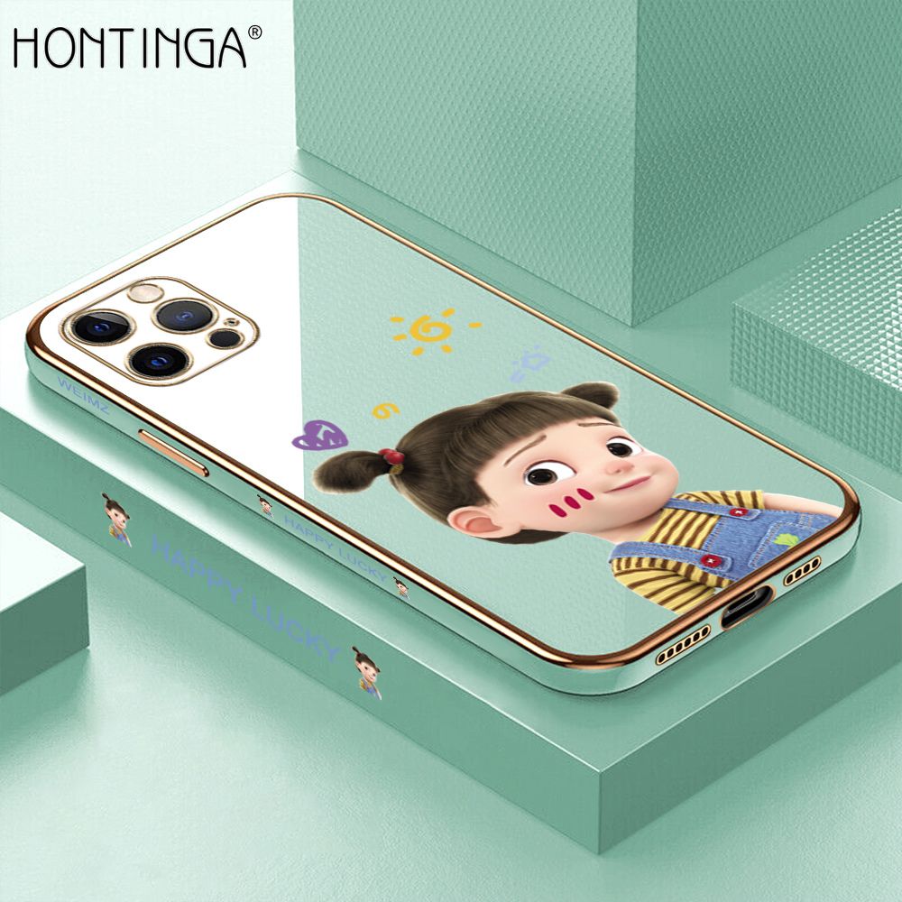 Hontinga for iPhone 12 Pro Max Back Cover + Free Lanyard Luxury 6D Plating Cute Cartoon Happy Girl Side Pattern Case Soft Silicone Square Phone Cases
