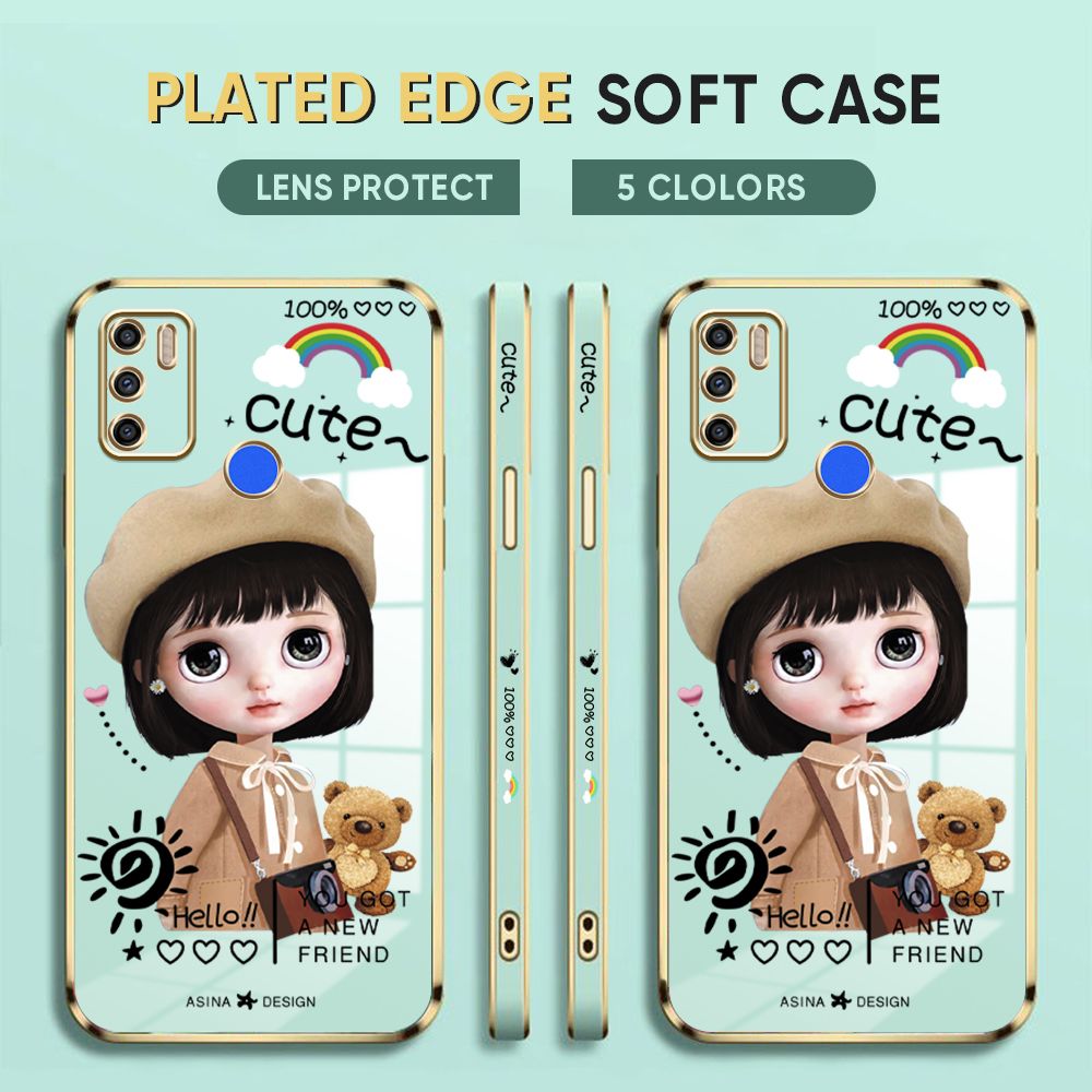 Luxury 6D Plating Case for Tecno Spark 5 Air / Spark 6 Air Back Cover Cute Satchel Girl Side Pattern Soft Silicone Square Phone Cases