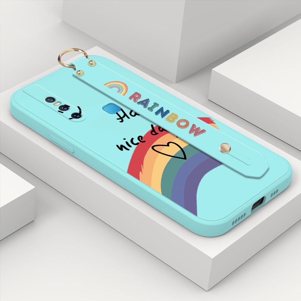 ZeroQiQi for Vivo V15 Wrist Strap Case Lovely Graffiti Rainbow Smile Thin Phone Cover Square Edge Liquid Silicone Creativity Phone Case