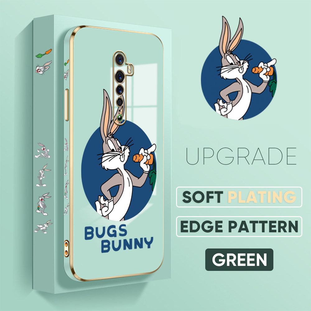 Jizetin (Free Lanyard) OPPO Reno 2 Back Cover Anime Rabbit Luxury 6D Plating Case Side Pattern Soft Silicone Square Mobile Phone Cases