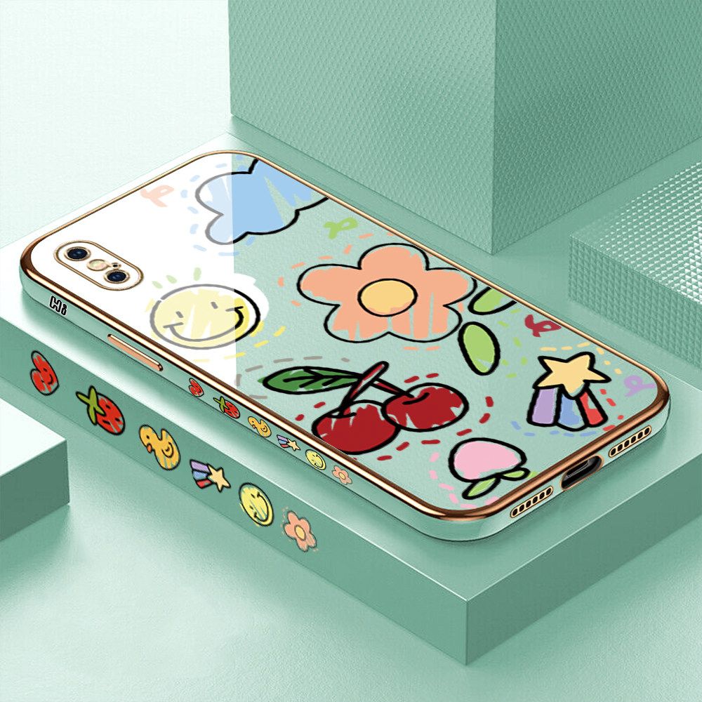 Luxury 6D Plating Case for iPhone X Color Cartoon cherry Peach Side Pattern Back Cover Soft Silicone Square Frame Shiny Bling Phone Cases + Free Lanyard