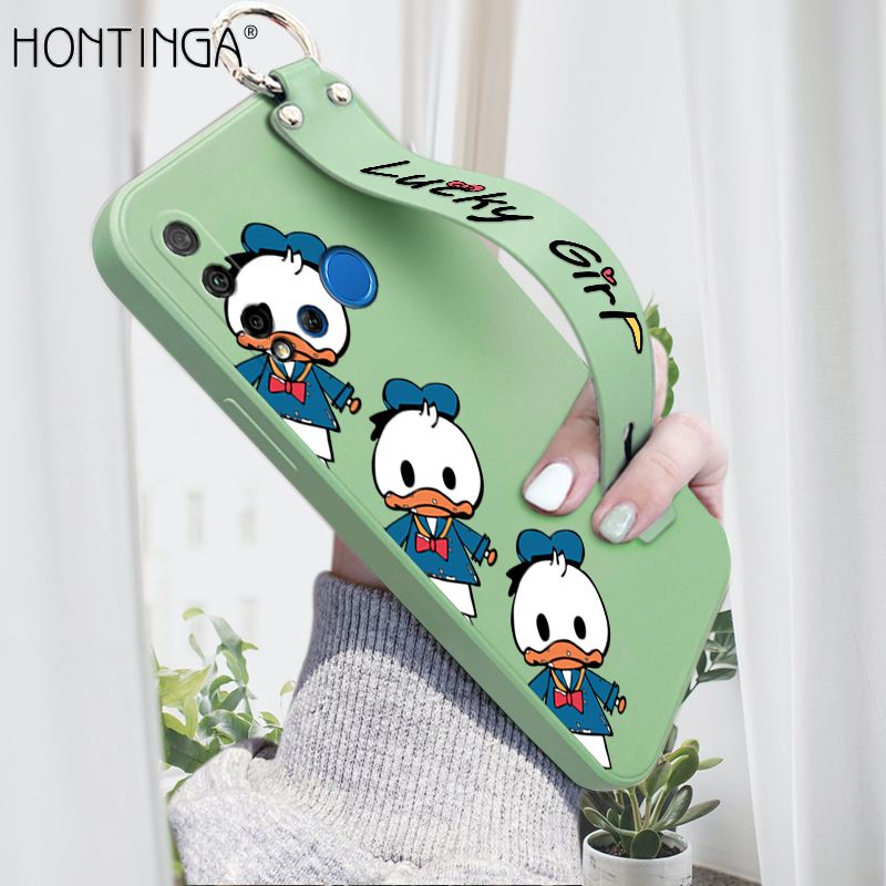 Hontinga for Huawei Nova 5i Wrist Strap Case Cute Cartoon Little Duck Phone Case Square Edge Liquid Silicone Case Full Cover Camera Shockproof Protective Cases