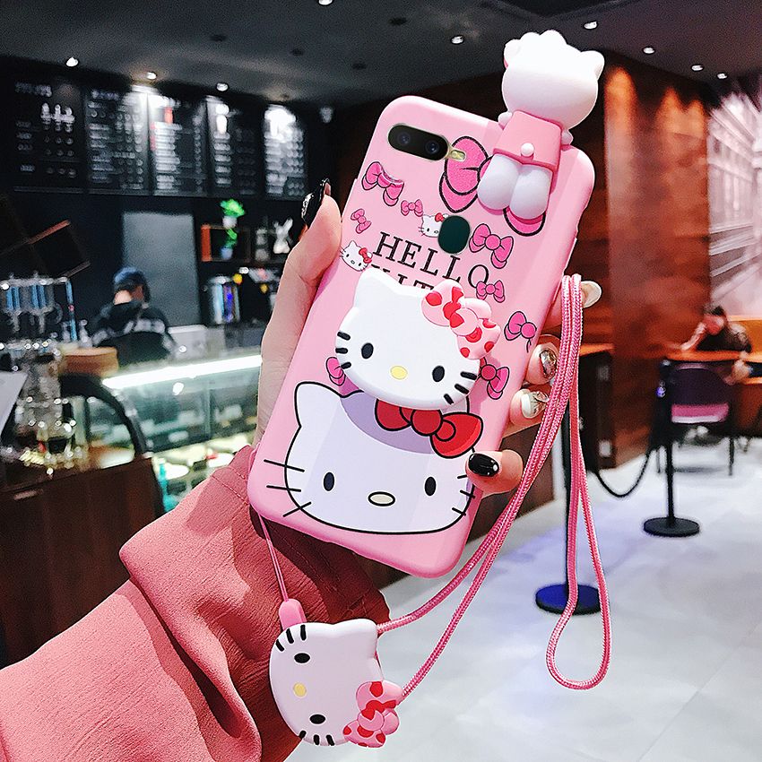 For OPPO OPPO A54 A55(5G) A7 A5s A12 A31 A9 A5 A53 A93 A15 A15s A52 A92 Cartoon 3D Pink Hello Kitty Case with Phone Holder Stand Lanyard Soft Casing Cover