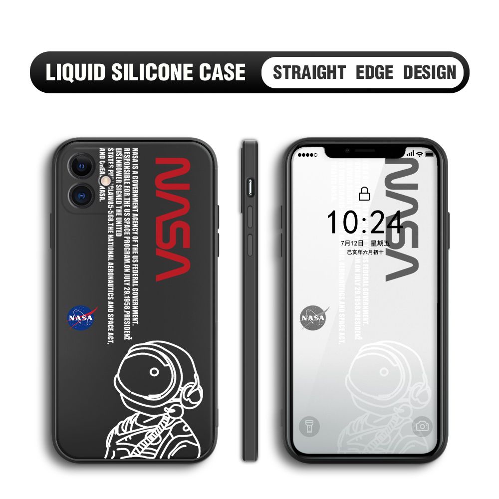 Jizetin for iPhone 12 Back Cover NASA Spacecraft Pattern Design Liquid Silicone Phone Case Soft Full Camera Protect Phone Cases