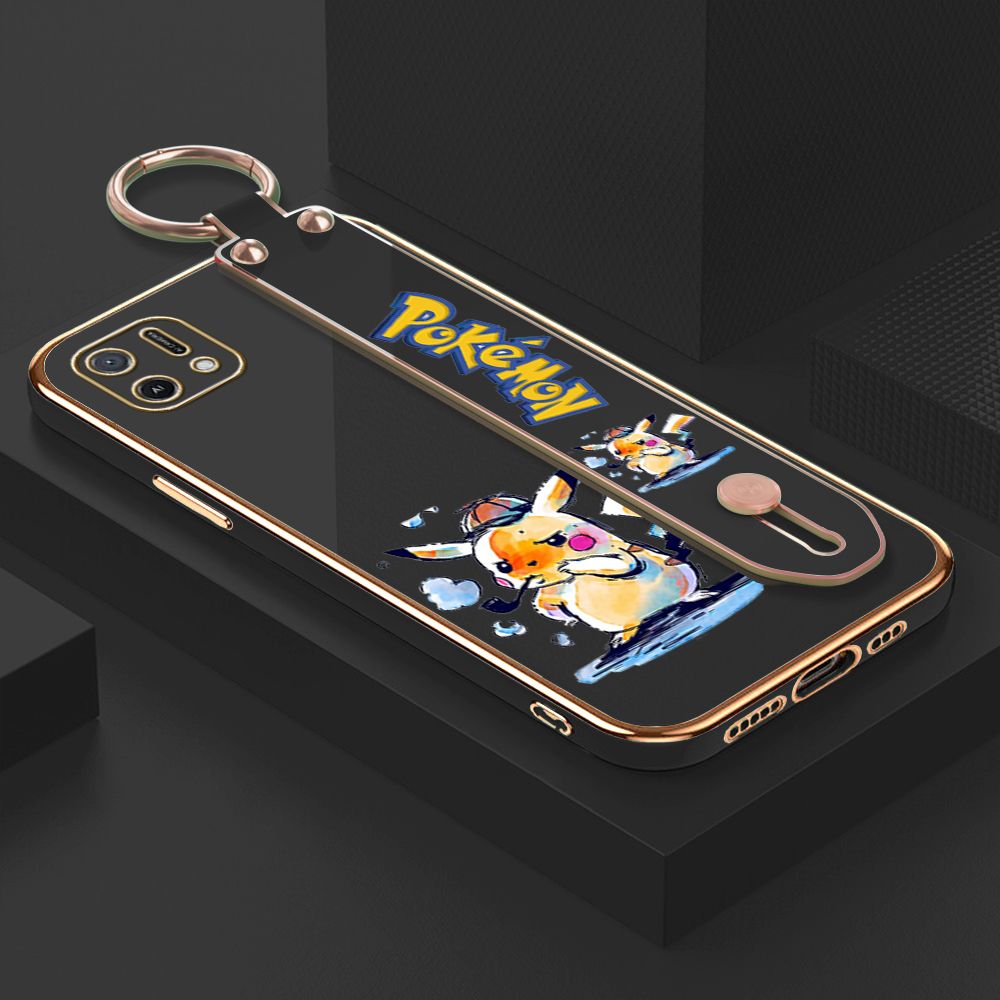 UCUC for OPPO A16K / A16E Wrist Strap Back Cover + Free Lanyard Pikachu Fashion Luxury 6D Plating Soft Casing Silicone Square Frame Phone Case