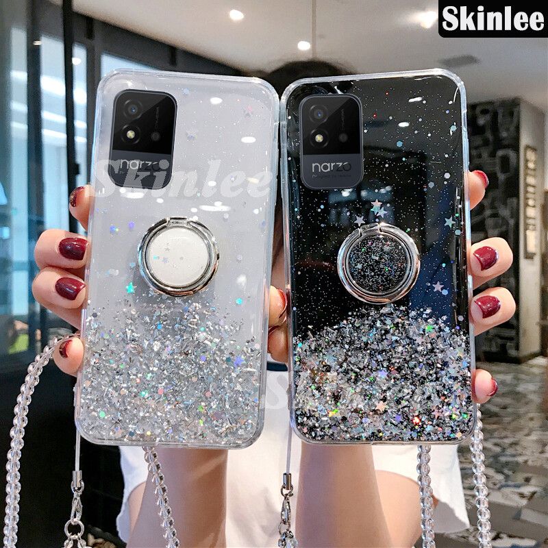 Phone Case for Realme Narzo 50i Glitter Starry Sky Bling Ring Lanyard Shiny Soft Cases for Realme Narzo 50i Transparent Holder Stand Back Cover Stars Girls