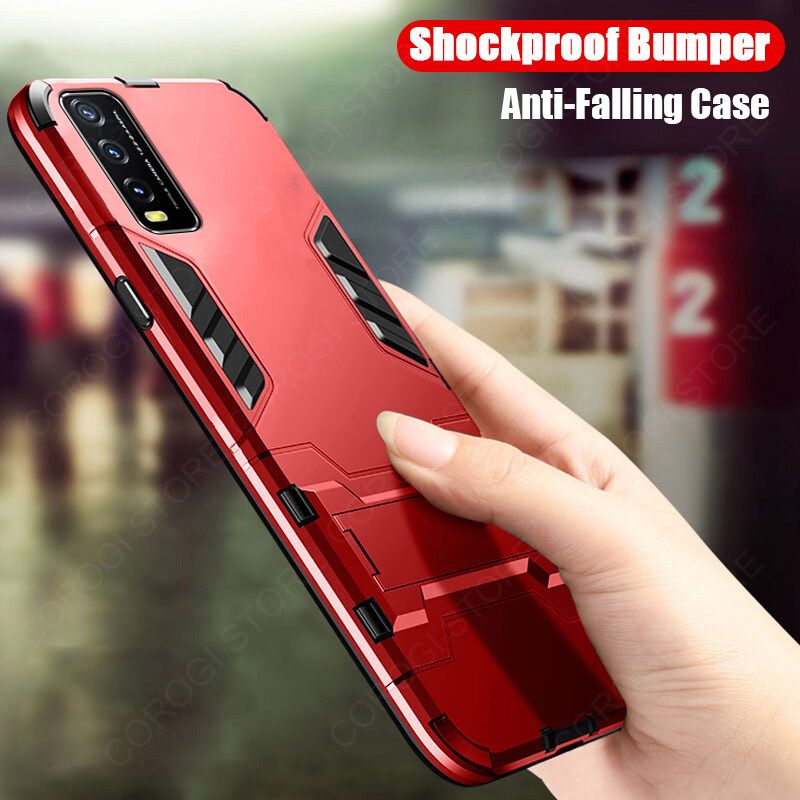 For Vivo Y20s Cover Shockproof Hybrid Armor Stand Holder Design Phone Case Hard Plastic Soft TPU Silicone Bumper Protective Back Cover