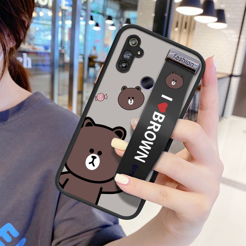 UCUC for Realme C3 Wrist Strap Case Cute Brown Bear Wristband Printing Cover Shockproof Ultra Thin Phone Case