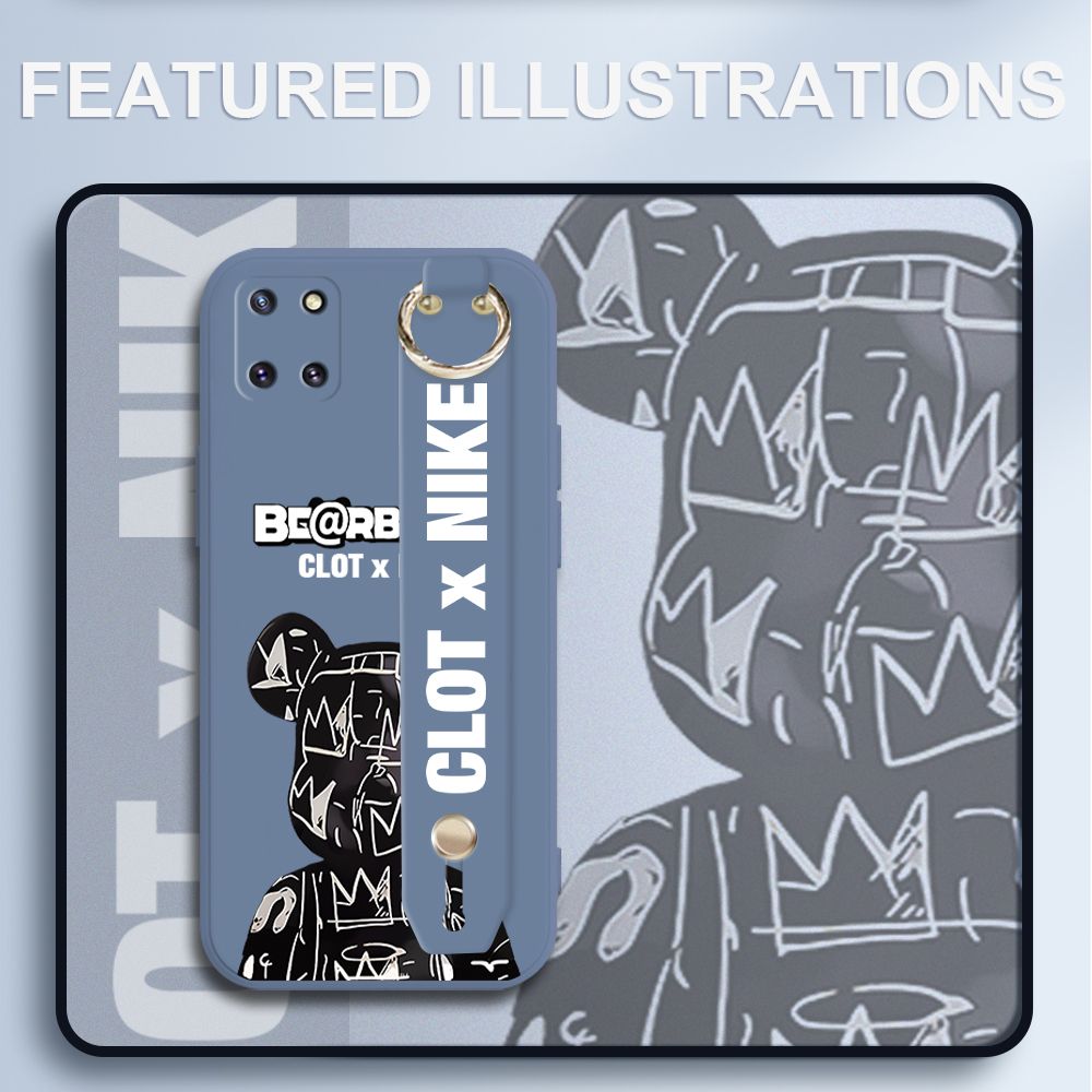 UCUC for Samsung Galaxy M60S Wrist Strap Case Creative Cartoon Black Stitching Bear Cover Ultra Thin Anti Fall Liquid Silicone Phone Case