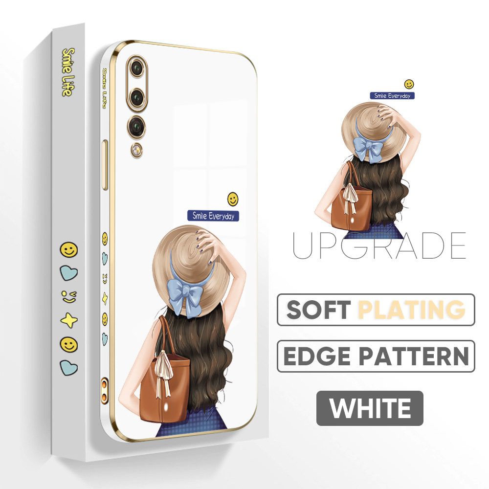 Jizetin (Free Lanyard) Huawei P20 Pro Back Cover Girl In Hat Luxury 6D Plating Case Side Pattern Soft Silicone Square Mobile Phone Cases