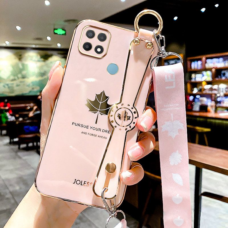 For OPPO A15s Back Cover with Lanyard + Wristband Fashion Shiny Maple Leaf Plating Bumper Stand Holder Case Camera Protection Soft Silicone Mobile Phone Cases