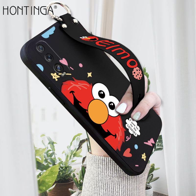 Hontinga for OPPO Find X2 Wrist Strap Case Cute Cute Cartoon Little Monster Phone Cover Square Edge Liquid Silicone Case Full Cover Camera Shockproof Protective Cases