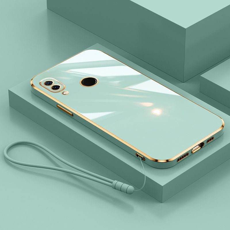 For Huawei P20 Lite Cover with Wrist Strap Fashion Shiny Plating Square Bumper Girls Phone Case Soft TPU Silicone Shockproof Protective Back Cover