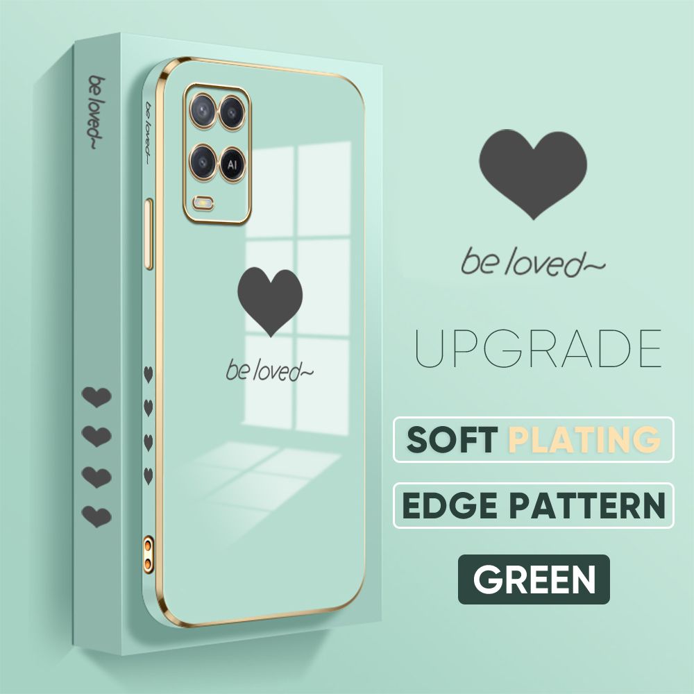 Jizetin (Free Lanyard) OPPO A54 2021 Back Cover Back Cover Heart loved Luxury 6D Plating Case Side Pattern Soft Silicone Square Phone Cases