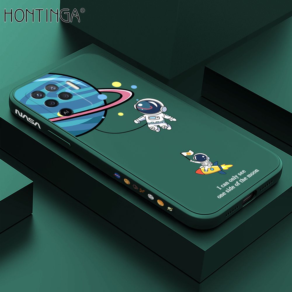 Hontinga for OPPO F19 Pro / A94 / Reno5 F Case Cartoon Astronaut Side Design Back Cover Soft Square Edge Liquid Silicone Phone Cases