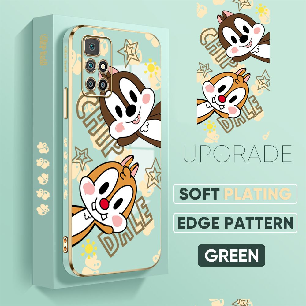 Jizetin (Free Lanyard) Redmi 10 Back Cover Two Chipmunks Luxury 6D Plating Case Side Pattern Soft Silicone Square Mobile Phone Cases