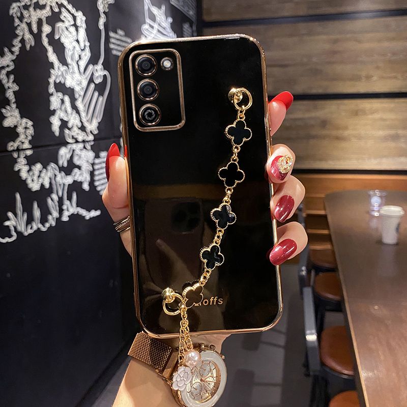 For Samsung Galaxy S20 Back Cover with Lucky Clover Wristband Chain Fashion Bracelet Shiny Plating Square Edge Bumper Phone Case Soft Silicone Bumper Protective Cover