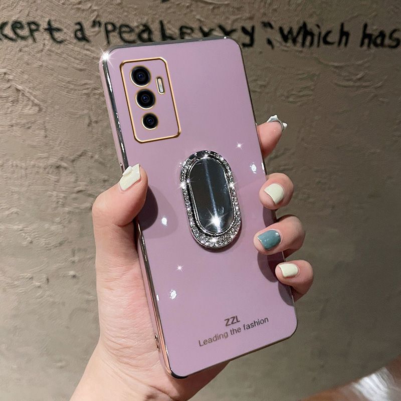 For Vivo V23e Back Cover + Rhinestone Ring Holder Stand Shiny Plating Square Bumper Girls Phone Case Soft TPU Silicone Shockproof Protective Cover