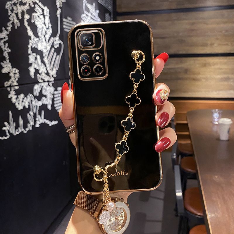 For Xiaomi Redmi 10 Prime Back Cover with Lucky Clover Wristband Chain Fashion Bracelet Shiny Plating Square Edge Bumper Phone Case Soft Silicone Bumper Protective Cover