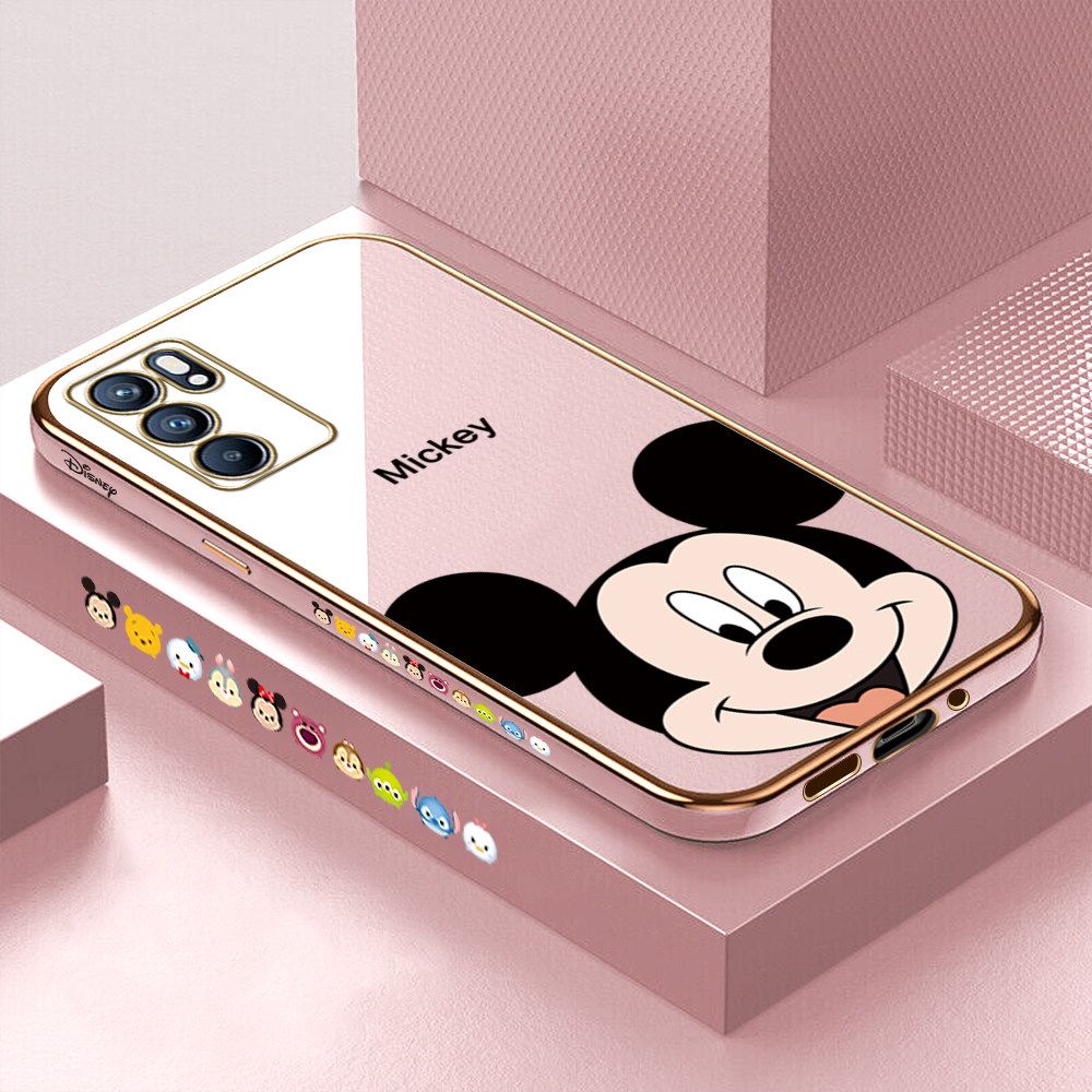 Luxury 6D Plating Soft Casing Silicone Square Frame Phone Case For OPPO Reno6 5G Case Shiny Bling Back Cover Cartoon Big Head Mouse Square Edge Pattern Design Soft Case + Free Lanyard